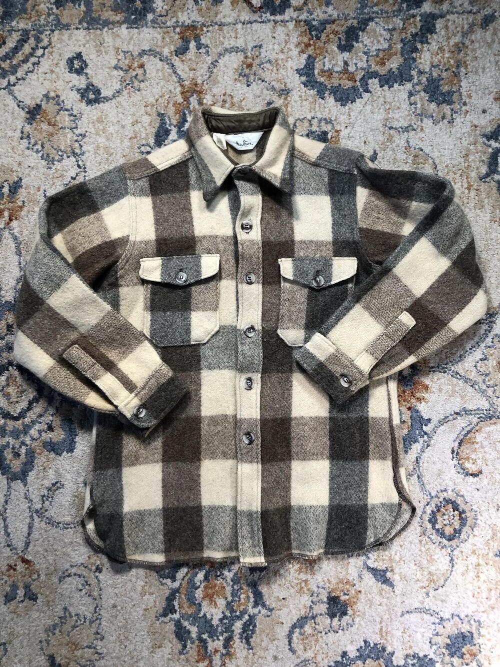 Woolrich Shirt Jacket Boys 8 Brown Plaid Wool Blend Button Front Lined Flannel